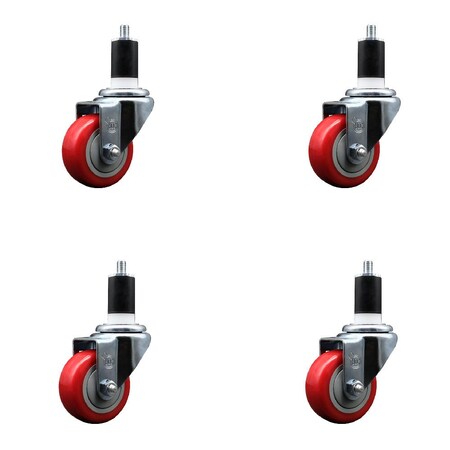 Service Caster 3'' Red Poly Wheel Swivel 1-1/2'' Expanding Stem Caster Set, 4PK SCC-EX20S314-PPUB-RED-112-4
